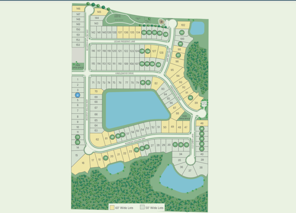 Lot map layout of Double Branch community in Middleburg, FL, showcasing the arrangement of homesites and community amenities. New construction homes Clay County FL