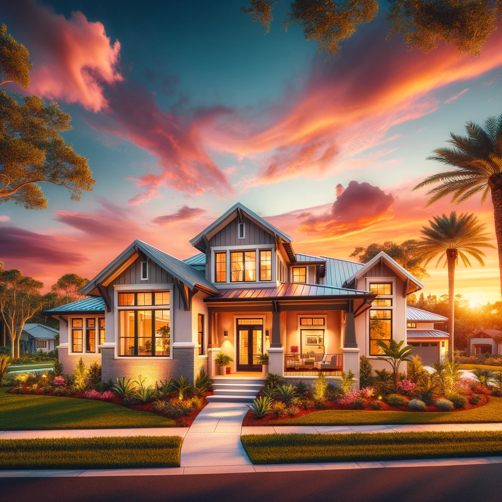A newly constructed, modern Florida home in Clay County at sunset, featuring a welcoming front porch, large windows, and lush landscaping. The home should exude warmth and the promise of a new beginning, with the vibrant Florida sunset adding a backdrop of natural beauty.