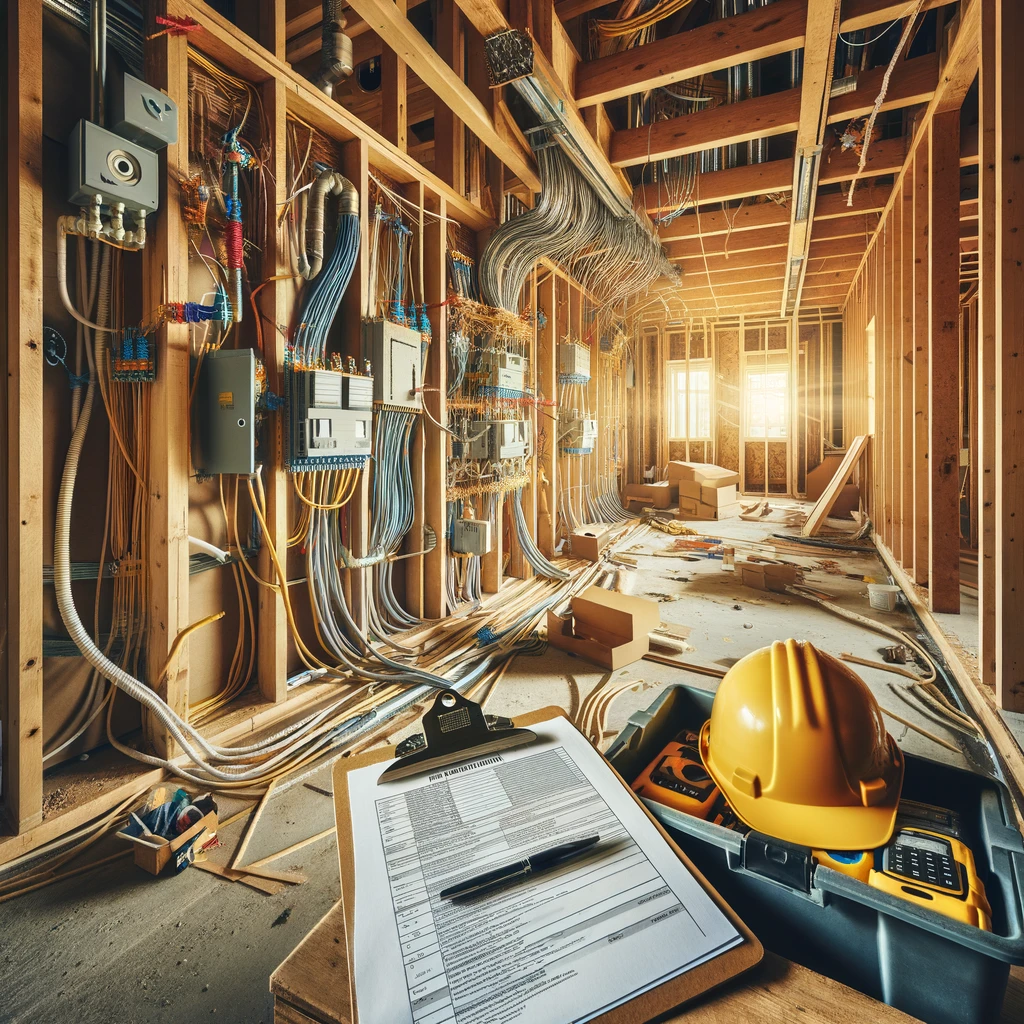 An interior view of a partially constructed home during the pre-drywall inspection phase, showcasing exposed wooden beams, electrical wiring, and plumbing installations. The image should convey the complexity and detail involved in this critical construction stage, with a clipboard and hard hat in the foreground to symbolize the inspection process.