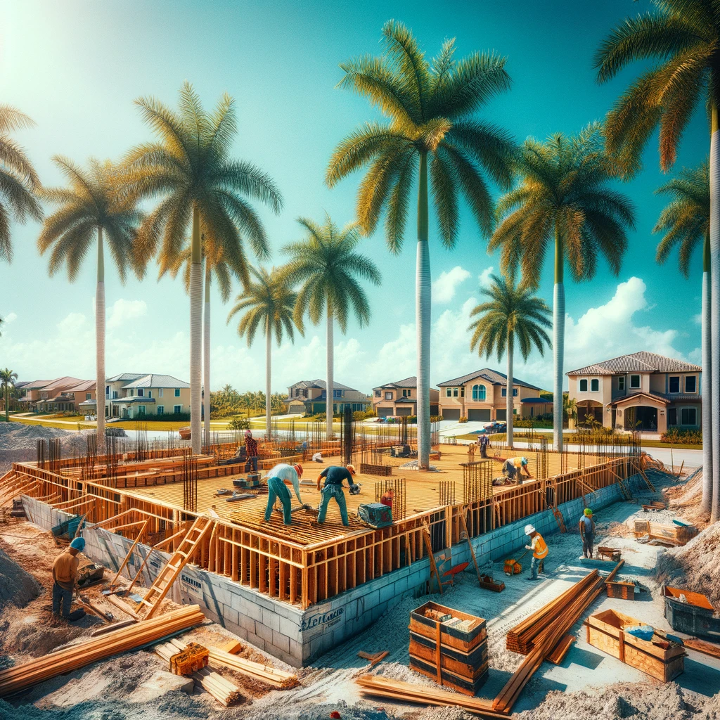 A sunny Florida construction site in Clay County with a foundation being laid amidst palm trees, with construction workers and a clear blue sky in the background. The scene captures the early stages of home building, emphasizing the foundation work.